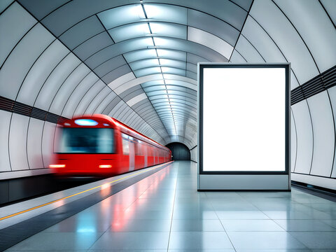 Modern red subway train arriving at station platform with blank advertising billboard