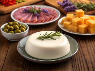 Delicious assortment of cheeses cured meats olives and colorful vegetables arranged for a delightful appetizer spread