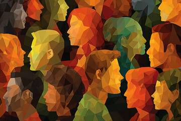 Diverse low-poly portraits of people facing the same direction with a common goal.