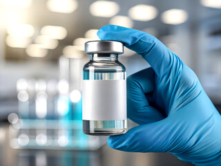 Close up of a gloved hand holding a medical vial with a blank label in a laboratory setting