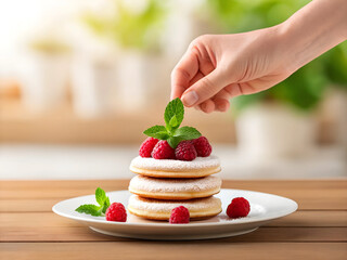 Hand decorating a delicate layered dessert with fresh raspberries and mint leaves
