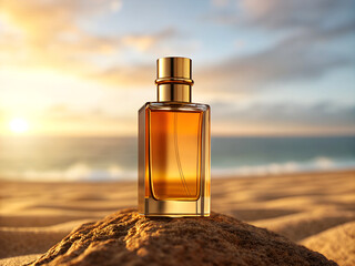 Luxury amber perfume bottle on sandy beach with golden sunset and ocean waves