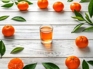 Freshly squeezed orange juice in a glass surrounded by ripe oranges and green leaves