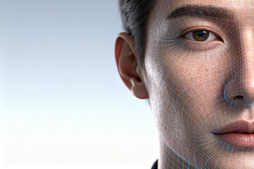 Human face with digital grid overlay