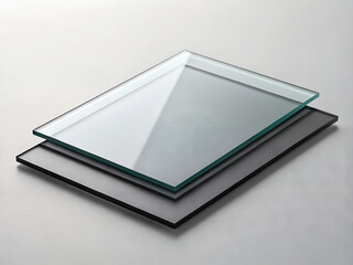 Abstract composition of clear glass sheets layered over a textured dark surface