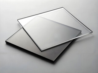 Two square sheets of polished metal or glass reflecting light on a neutral background