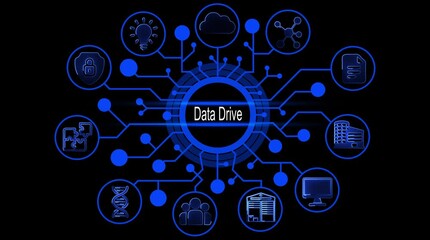 Digital network hub connecting data security cloud computing innovation research development business and people with glowing blue lines on black background - Powered by Adobe