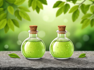 Two small glass bottles filled with green liquid and cork stoppers on a stone surface with blurred green foliage background