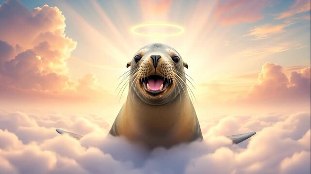 Heavenly Sea Lion - A sea lion rises from a bed of clouds, with a halo above its head. The animal smiles as it emerges into a sunny sky.