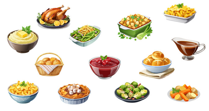 Holiday Feast Vector Set — Realistic Festive Dinner Dishes and Traditional Seasonal Food Illustrations - Powered by Adobe
