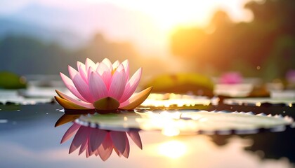Pink lotus flower on tranquil water with a soft, sunlit background