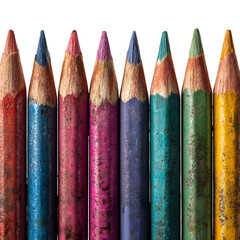 Vibrant Row of Used Colored Pencils on White Background