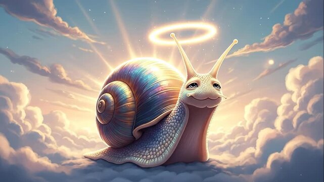 Angelic Snail in the Sky - A whimsical cartoon snail floats amidst fluffy clouds in a serene sky, complete with a golden halo and iridescent shell.