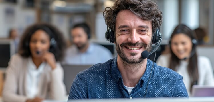 Smiling customer service representative wearing headset in busy environment with colleagues