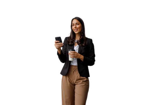 Businesswoman standing, holding smartphone and coffee, smiling. Cutout image with transparent background for versatile use - Powered by Adobe