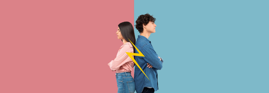 Two individuals stand back-to-back, expressing tension and disagreement. One person wears a pink shirt, and the other wears a blue shirt. The background colors enhance their emotional distance.