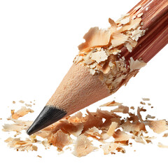 Sharp Pencil with Wood Shavings on White Background