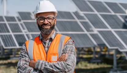 Smiling engineer wearing safety helmet and orange vest standing confidently near solar panels outdoors