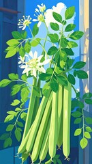 Vibrant illustration of green plant with white flowers