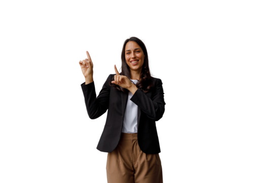 Smiling businesswoman pointing fingers upwards, presenting new ideas, choosing options, showing innovation, transparent background - Powered by Adobe