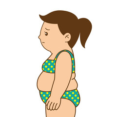 Side of overweight woman in green dot bikini big belly leg and fat chubby, Illustration cartoon drawing on white background