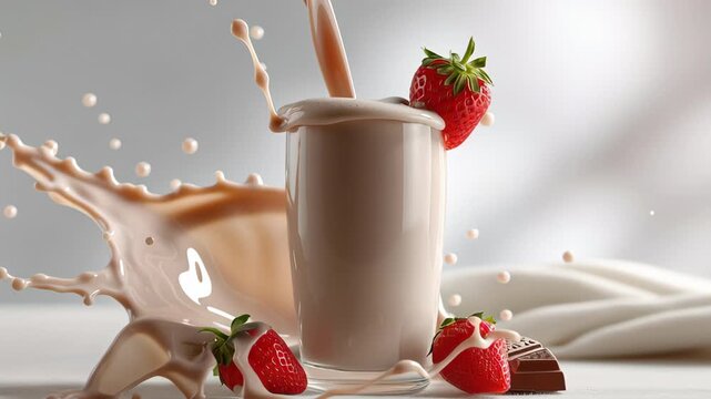 A chocolate milk splash glass with fresh strawberry and chocolate piece, creamy dairy drink with sweet refreshing flavor, dynamic scene of creamy chocolate milk splash surrounded by strawberries