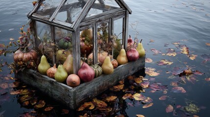 A small decorative greenhouse filled with pumpkins and pears floating among autumn leaves on calm water, symbolizing harvest, nature, and the peaceful beauty of fall reflection.