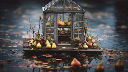 A small decorative greenhouse filled with pumpkins and pears floating among autumn leaves on calm water, symbolizing harvest, nature, and the peaceful beauty of fall reflection.