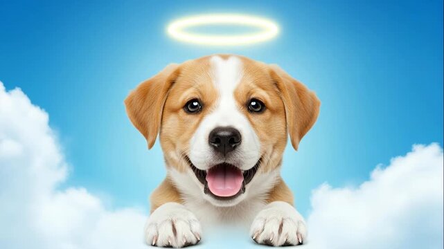 Angelic Puppy in the Clouds - This video features a cute puppy dog with an angel halo above its head, floating among fluffy white clouds against a bright blue sky.