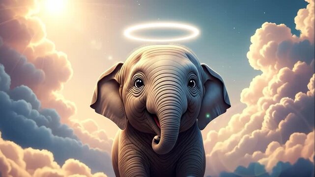 Baby Angel Elephant in the Sky - An adorable baby elephant with a halo hovers in a dreamy sky filled with soft, glowing clouds. The scene evokes a sense of innocence, peace, and wonder.