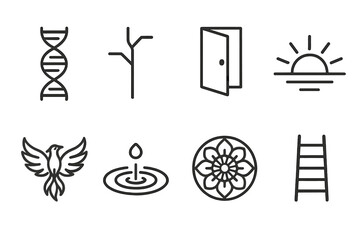 Fototapeta premium Evolutionary Symbols. Transformation outline set. DNA helix, branching path, open door, sunrise horizon, phoenix rising, droplet ripple, mandala circle, ladder.
