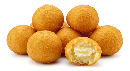 A pile of golden spherical croquettes one cut open revealing a creamy interior