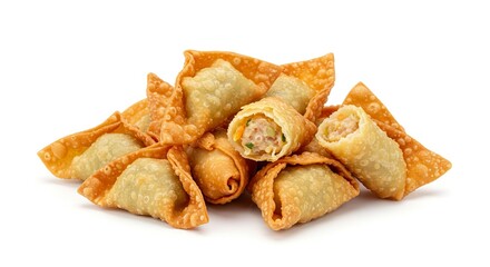 A pile of fried wontons some cut open revealing the filling on a white background