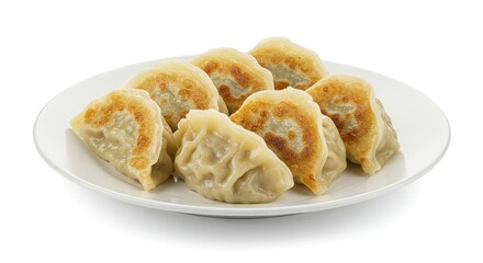 A plate of seven goldenbrown potstickers arranged closely together