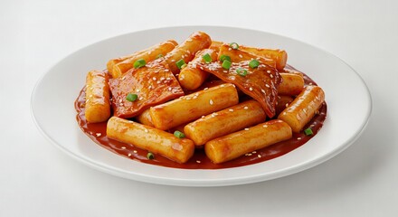 A plate of tteokbokki featuring rice cakes fish cakes sauce sesame seeds and green onions presented on a white plate