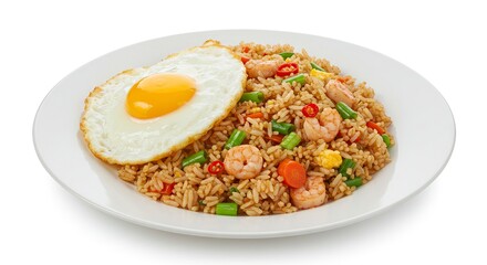 A plate presents fried rice with shrimp vegetables and a fried egg on top