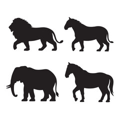 Naklejka premium Silhouette Animals Depicting Lion Horse and Elephant Walking Together on Plain Background Expressing Wildlife and Nature