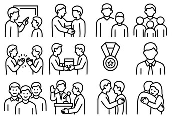 Acknowledgment Icons Collection. Acknowledgment People outline set. teacher with student, mentor with apprentice, team leader with group, applause crowd, award handover, medal on