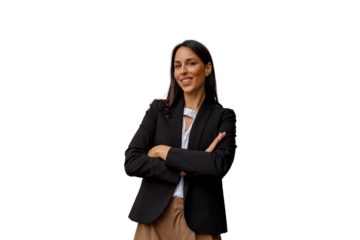 Confident businesswoman smiling with arms crossed, portraying corporate success and professional leadership on a transparent background