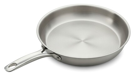 A silver metal frying pan is set on a white background with a handle extending to the left