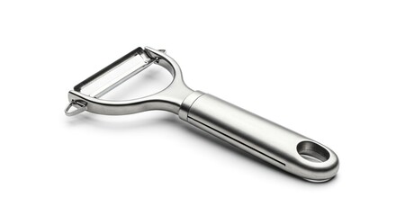 A silver vegetable peeler with a horizontal blade and a long handle lays diagonally on a white surface