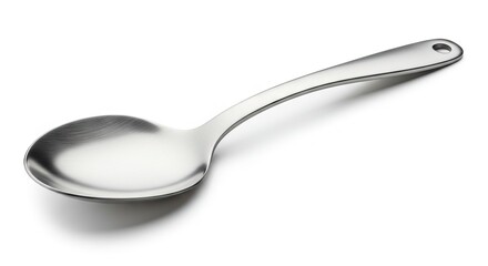 A single stainless steel spoon with a hole in its handle lays diagonally against a white background