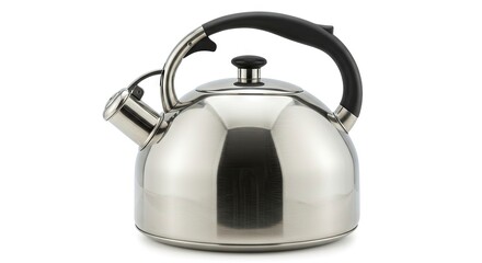 Chrome stovetop kettle with black handle and lid on white background