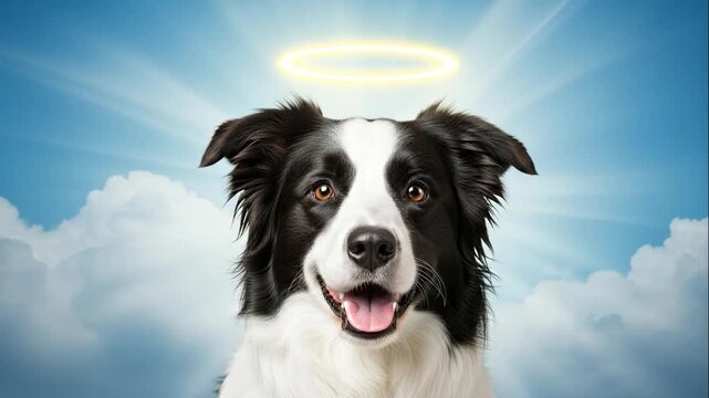 Angel Dog Border Collie - Headshot of a black and white border collie with a golden halo above its head, against a background of blue sky and clouds.