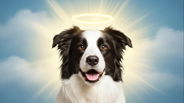 Angel Dog in Heaven - A happy black and white border collie dog appears as an angel with a golden halo above its head and a background of clouds and bright light.