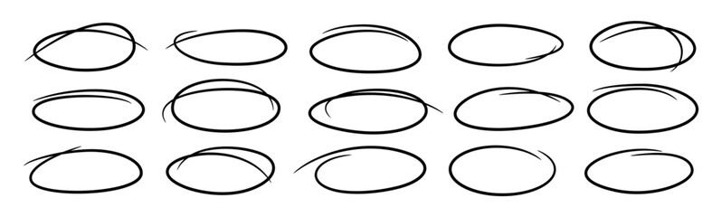 Hand-drawn line doodle marker and brush pen ovals. Vector set of outline highlights, scribble circles, ellipse sketches. Abstract geometric frames, freehand round outline shapes bg
