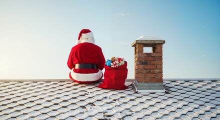 Santa Claus sits on a snow-covered roof near a brick chimney with a red sack of gifts