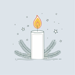 Minimalist Holiday Candle with Pine Sprigs and Stars Illustration.