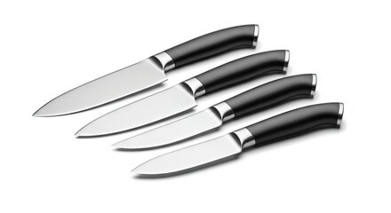 Obraz premium Four stainless steel knives with black handles are angled on a white surface
