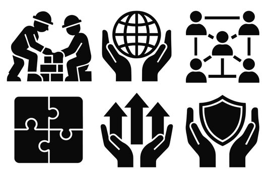 Bold Cooperation Icons. Group Effort silhouette set. joint construction, hands holding globe, network of people, cooperative puzzle, guiding arrows, shared shield.